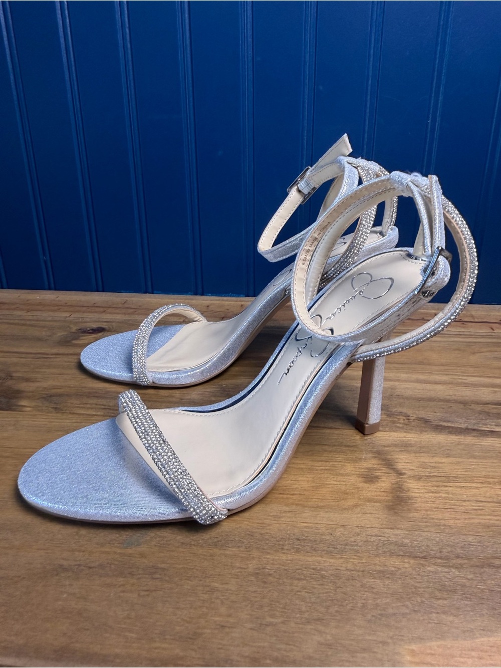 Jessica Simpson Silver Rhinestone Strappy Stiletto Heels Sandals 8.5